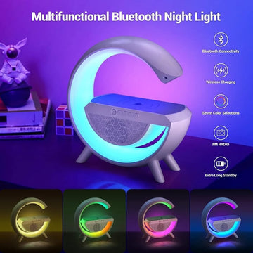 G Shape Google LED Wireless Charging RGB Bluetooth Speaker Clock and Rechargeable Table Lamp(All in one Machine)